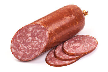 Cold Salami, Smoked sausage with slices, isolated on white background. Close-up