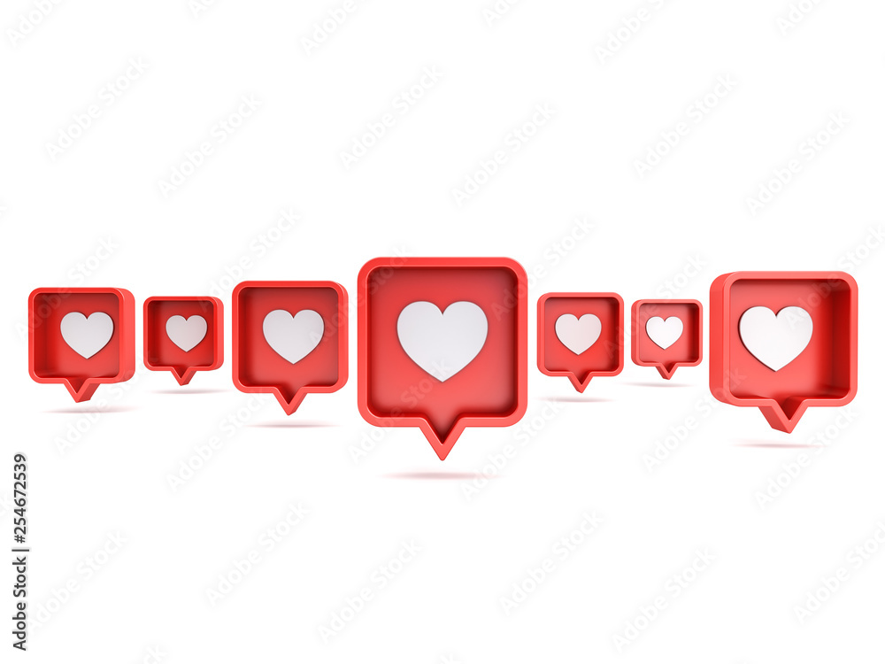 Aufkleber Many 3d social media notifications Love like heart icon in red rounded square pin isolated on white background with shadow 3D rendering