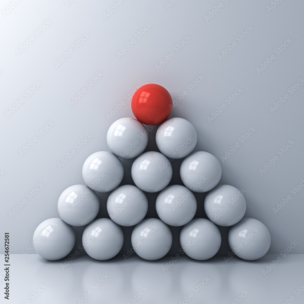 Aufkleber Stand out from the crowd and Leadership creative idea concepts One red sphere standing on top of the other white spheres on white wall color background with reflections and shadows 3D rendering
