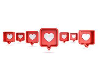 Many 3d social media notifications Love like heart icon in red rounded square pin isolated on white background with shadow 3D rendering