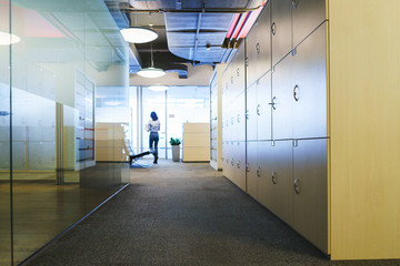 Lockers for documents and personal items in the workspace.