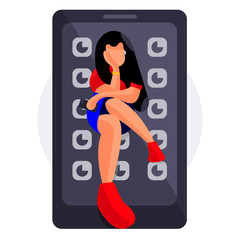 Smartphone abstract character concept. Girl waiting for app loading. Trendy flat style vector illustration. - 254672776