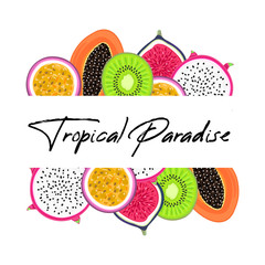 Vector frame with tropical fruits. Pitahaya or pitaya , kiwi, passion fruit, fig, papaya. Creative artistic style. Card, invitation, cover, banner, thank you message, label, package design. Eps10