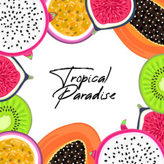 Obraz premium Vector background with tropical fruits. Pitahaya or pitaya , kiwi, passion fruit, fig, papaya. Creative artistic style. Card, invitation, cover, banner thank you message, label, package design. Eps10