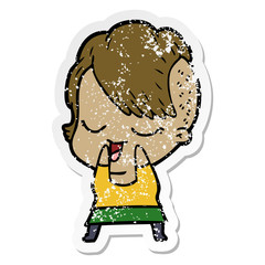distressed sticker of a happy cartoon girl