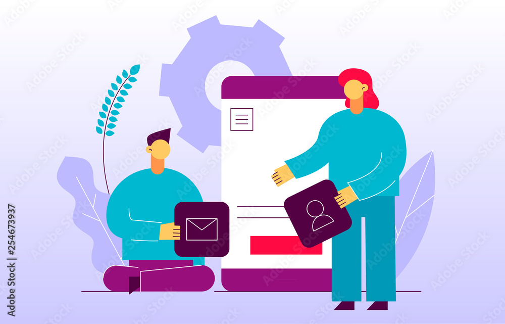 Wall mural vector mobile application or website development process with big modern flat line people illustrati