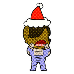 comic book style illustration of a cool hipster girl in space suit wearing santa hat