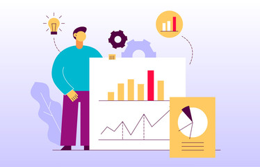Vector big data web page banner concept  design template with big modern flat line man holding chart. Research and analytics illustration with graphs, cogs, light bulb