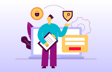 Vector data encryption web page online banner template with man holding key icon. Privacy login and sign up concept illustration