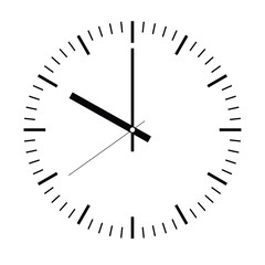 Clock face. Blank hour dial with hour, minute and second hand. Dashes mark minutes and hours. Simple flat vector illustration