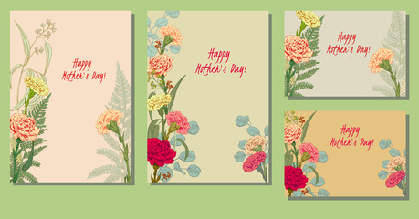 Set horizontal, vertical templates, Mother's Day card. Carnation: red, pink, flowers, fern, eucalyptus. Frame for design, vintage background, engraving sketch, hand draw botanical illustration, vector