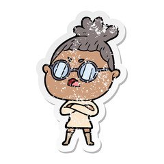 distressed sticker of a cartoon annoyed woman