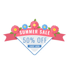 Summer sale banner with garden flowers in coral color. Floral design for flyer, invitation, poster, web site or card. Vector illustration