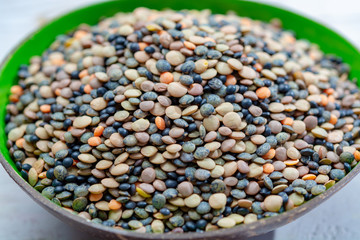 Colorful mix of lentils legumes ready for cooking, tasty vegetarian food commonly used in South Asian cuisine