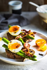 Bacon ,Seared Aspargus and Soft boiled egg  on Rye bread Sandwich