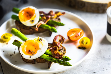 Bacon ,Seared Aspargus and Soft boiled egg  on Rye bread Sandwich
