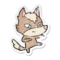 distressed sticker of a friendly cartoon wolf dancing