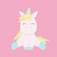 Cute unicorn with a yellow mane, isolated on a pink background. Vector illustration