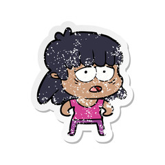 distressed sticker of a cartoon tired woman