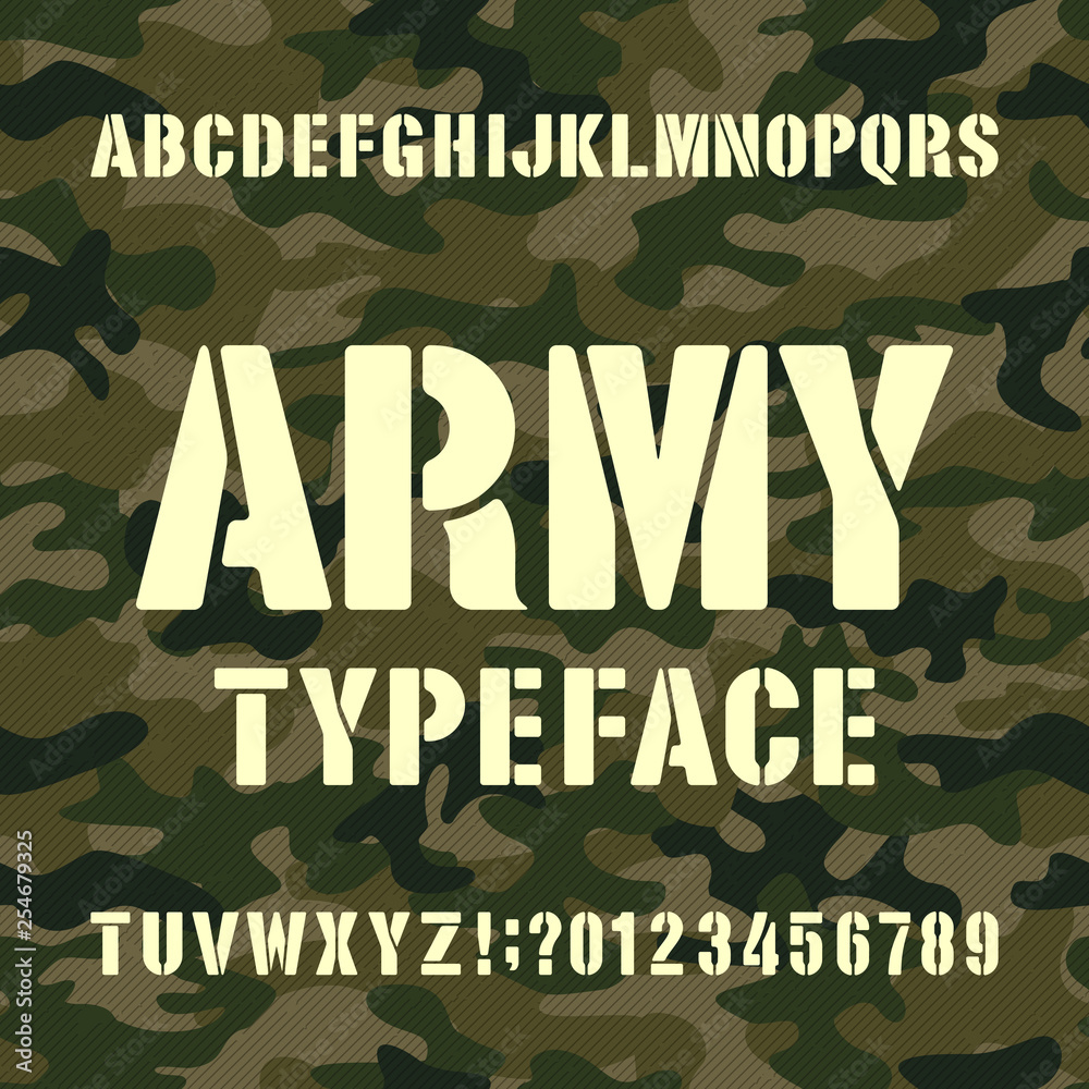 Fototapete army alphabet typeface. stencil letters and numbers on distressed camo background. vector font for y