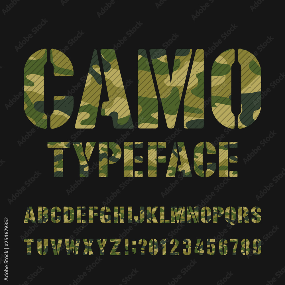 Fototapete camo alphabet typeface. stencil type letters and numbers on a dark background. vector font for your 