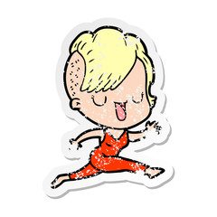 distressed sticker of a cute cartoon girl with hipster haircut