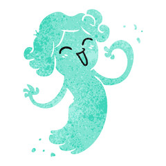 retro cartoon doodle of a happy pink ghost