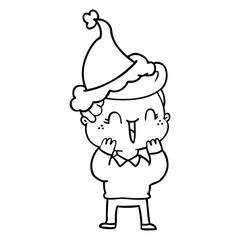 line drawing of a laughing boy wearing santa hat