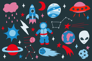 Hand drawn colorful cosmos doodle vector set