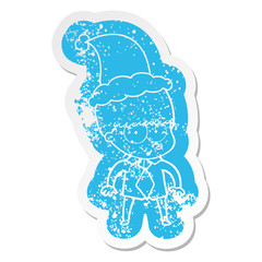 nervous cartoon distressed sticker of a boy wearing shirt and tie wearing santa hat