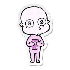 distressed sticker of a cartoon weird bald spaceman
