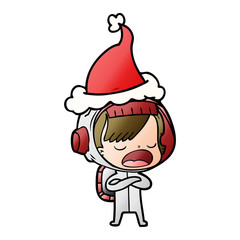 gradient cartoon of a astronaut woman explaining wearing santa hat
