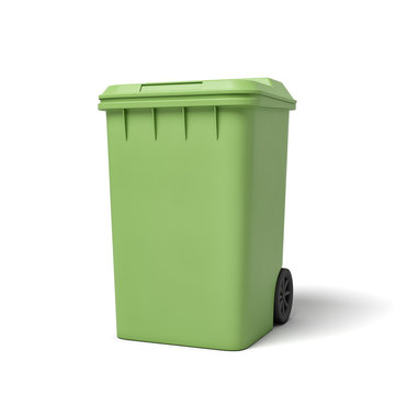 3d rendering of a light-green trash can isolated on white background.