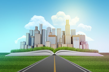 3d rendering of asphalt road leading to city skyscrapers built on an open book on blue sky background