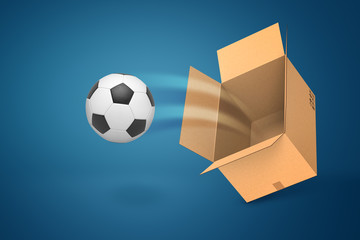 3d rendering of football ball flying out of carton box on blue background