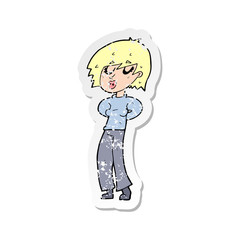 retro distressed sticker of a cartoon woman whistling