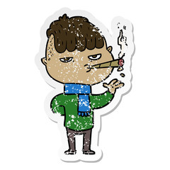distressed sticker of a cartoon man smoking