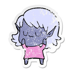 distressed sticker of a happy cartoon elf girl wearing dress