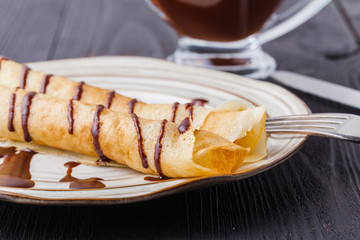 Russian traditional food. Appetizing fried pancakes on the Pancake Week