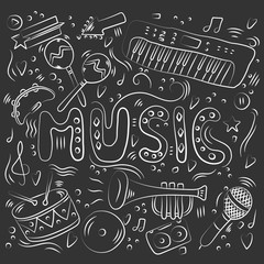 Hand drawn music background. Doodle musical instruments. Retro musical equipment. Vector illustration. Sketch style. Poster or t-shirt design. Chalk board.