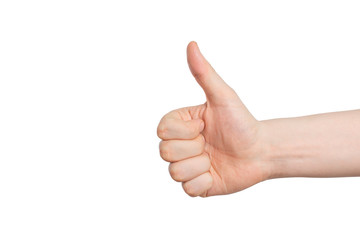 male hand with approving gesture - thumb up, on a white background.