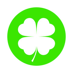 Clover symbol with four petals. Clover white sign in the green circle isolated on white background. Vector illustration