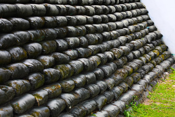 Sandbag bunker background.selective focus and space put your text