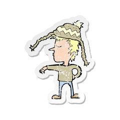 retro distressed sticker of a cartoon man wearing winter hat