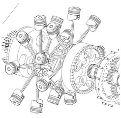 Disassembled radial engine on a white