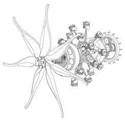 Disassembled radial engine on a white