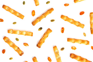 Snack. Snack breadsticks on a white background. Top view. Isolated.