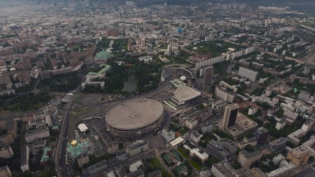 Olympic Stadium, Prospekt Mira, Moscow streets and roads with car traffic. Aeria dron