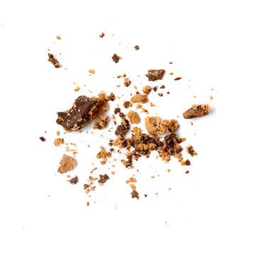 Chocolate chip cookie with crumbs  isolated on white background. Close up