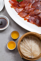 Peking duck or grilled duck skin served with fresh vegetable, sweet sauce and roasted wheaten Chinese pancakes.